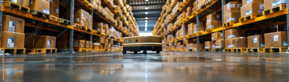 Obraz premium An ecommerce warehouse with robotic systems managing inventory, providing global fulfillment with high efficiency