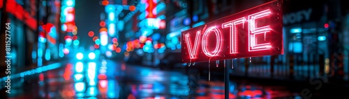 Vivid 3D Vote 2024 sign in glowing red and blue, set against a dark, holographic blur of a futuristic night city street