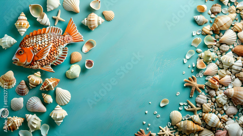 banner for world ocean day, fish made from shells on blue background with copy space	 photo