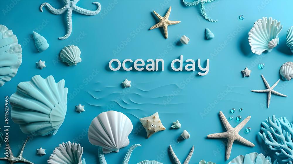 banner for world ocean day, on a blue background, white shells and the inscription banner for world ocean day, on a blue background, white shells and the inscription