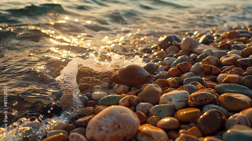 pebble stones on the sea shore at sunset, nature series, Generative AI illustrations.