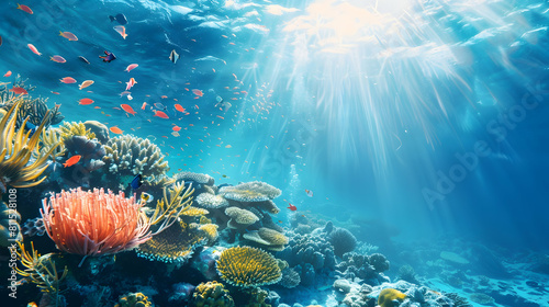 banner for every peaceful ocean day, underwater world, colorful corals and the sun breaking through the water surface