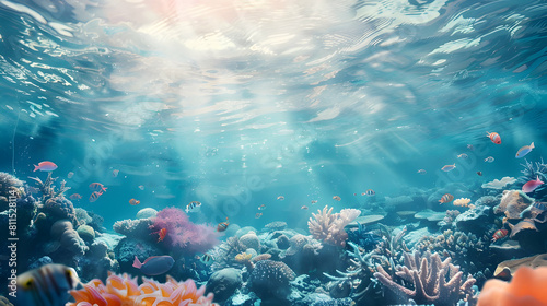 banner for every peaceful ocean day, underwater world, colorful corals and the sun breaking through the water surface