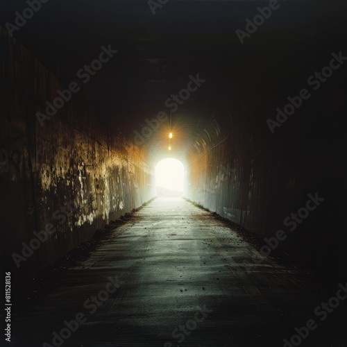 Long dark tunnel with a bright white light at the end.