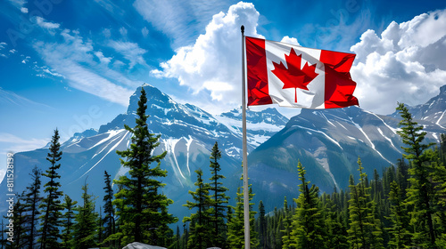 Canada day banner, canada flag on mountain landscape background with place for text 