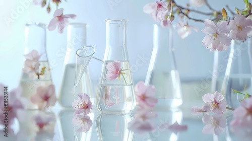 Laboratory glassware with cherry blossoms on light background, Generative AI illustrations.