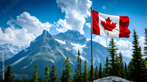 Canada day banner, canada flag on mountain landscape background with place for text 