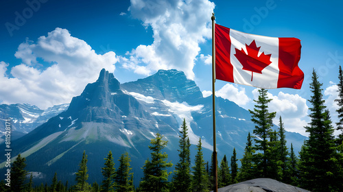 Canada day banner, canada flag on mountain landscape background with place for text 