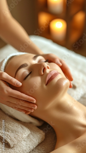 free space for title and Caucasian woman customer enjoying relaxing anti-stress spa