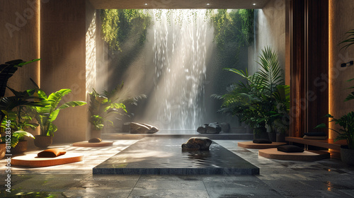 Waiting area with a minimalist water feature creating a serene atmosphere.