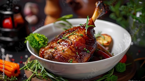 roasted duck leg with vegetables on a dark background, Generative AI illustrations.