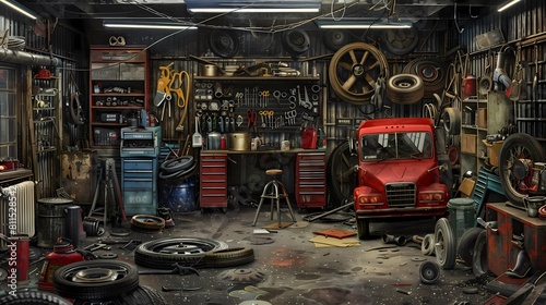 Abandoned car workshop with a lot of tools  Generative AI illustrations.