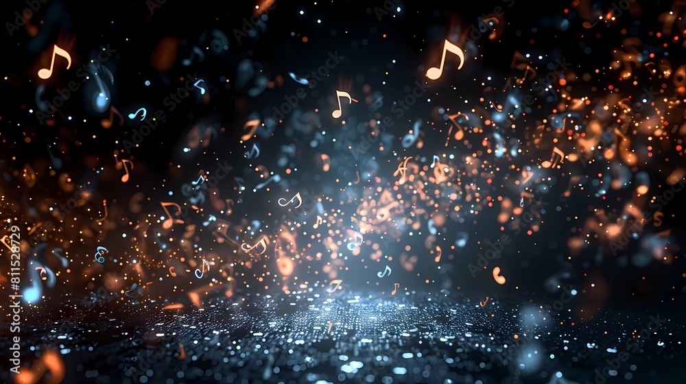 Fototapeta premium Background image with music notes flying in dark space, Generative AI illustrations.
