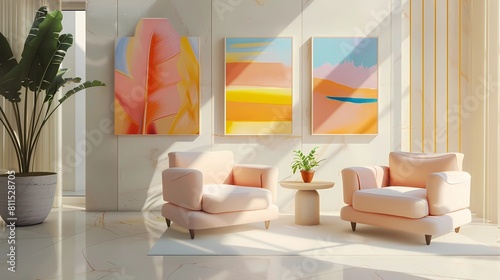 Interior of living room with orange armchairs and posters  Generative AI illustrations