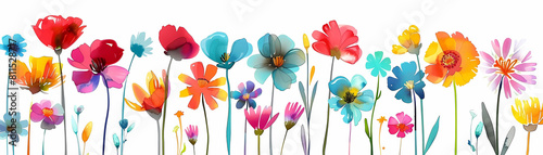 colorful blooming flowers in various shades of pink, purple, blue, yellow, and orange arranged in a row against a wall