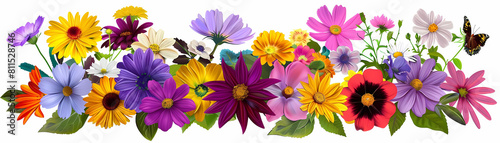colorful blooming flowers in various shades of purple  yellow  pink  and red  accompanied by a black butterfly  on a isolated background