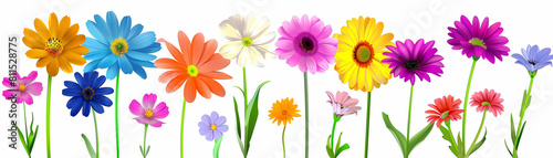 colorful blooming flowers in various shades of pink  purple  orange  yellow  and blue arranged on a isolated background