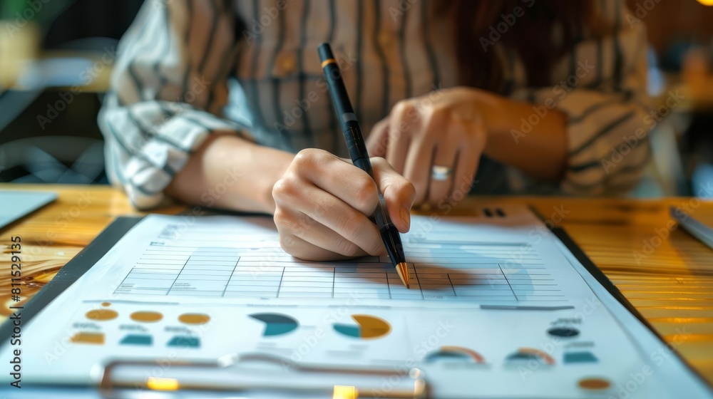 An HR professional writing positive comments on performance evaluation forms, highlighting employee strengths An HR professional writing positive comments on performance evaluation forms, highlighting employee strengths