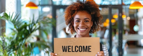 An HR professional smiling and holding a Welcome to the Team sign, ready to greet new hires photo