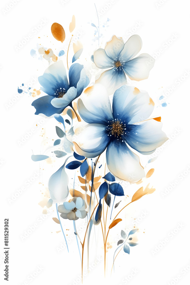 blue flowers and golden leaves on a white background