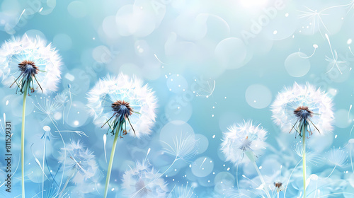 dandelion flower background with water droplets on a blue background