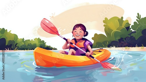 Exhilarated woman enjoying kayaking in serene river with lush surroundings