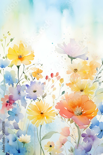 floral print of multi-colored flowers on a white background