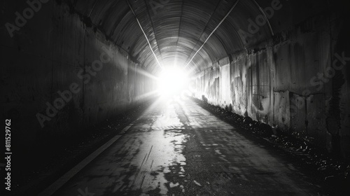 Black and white photo of a long dark tunnel with bright light at the end.
