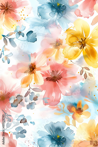 floral print of multi-colored flowers on a white background