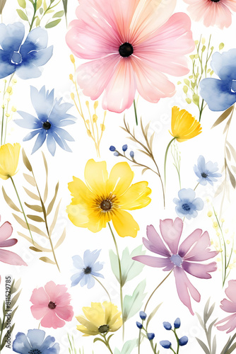 floral print of multi-colored flowers on a white background