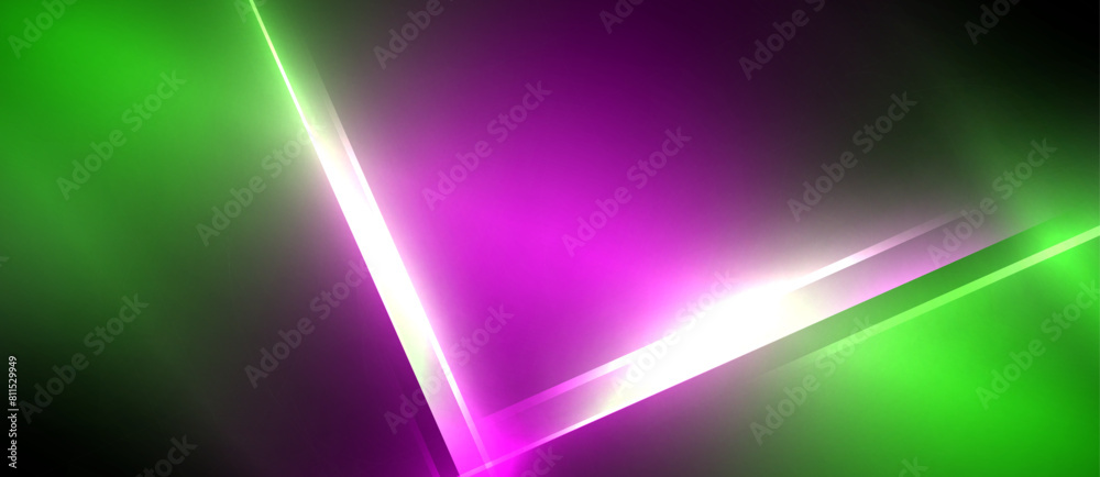 Obraz premium The colorfulness of purple, violet, and magenta lights against a black background creates an artful display reminiscent of neon technology. Electric blue hues add a touch of brightness to the scene