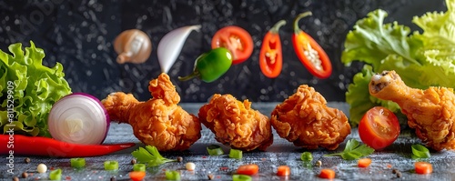 Irresistible crispy chicken  freshly prepared and still warm  incredibly appetizing  with sliced onions  sliced chilies  sliced peppers  and sliced tomatoes  served on a wooden pl