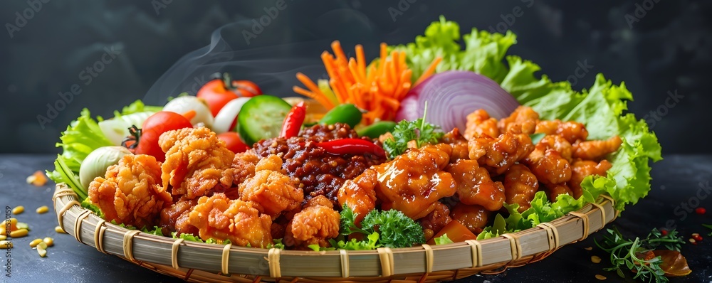 Irresistible crispy chicken, freshly prepared and still warm, incredibly appetizing, with sliced onions, sliced chilies, sliced peppers, and sliced tomatoes, served on a wooden pl