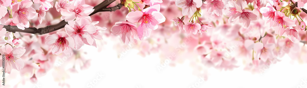 illustration of cherry blossom flowers in various shades of pink and white, with a black bird in the background