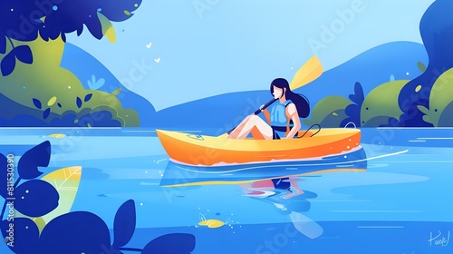 Smiling woman in kayak surrounded by serene water and greenery