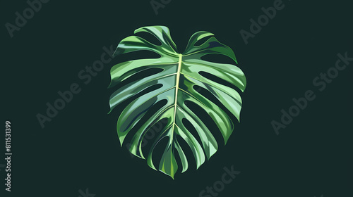 minimalist monstera leaf in green color on a black background