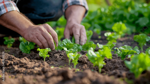 Farmer is planting young green lettuce seedlings in the ground