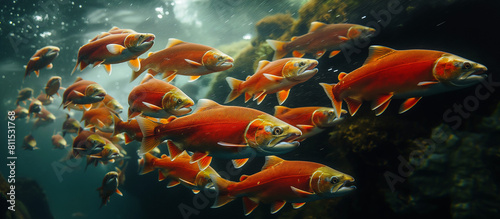 The underwater view of the migration of a school of red sockeye salmon from the ocean into the river to spawn photo