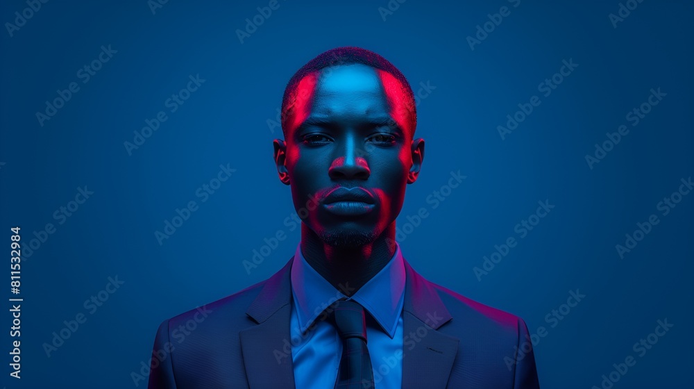 Male fashion model - blue suit - blue background - close-up shot - intense stare - stylish composition Male fashion model - blue suit - blue background - close-up shot - intense stare - stylish composition