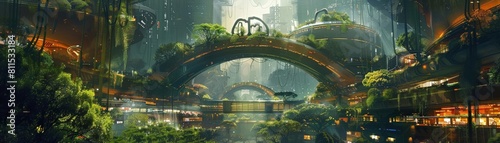 concept art of a cityscape with biome - controlled domed districts featuring a building and a green tree