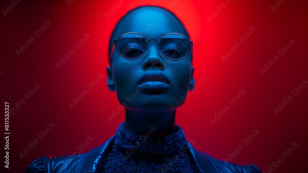 African-American fem,ale  Fashion model - stylish - quirky - idiosyncratic - -colorful - elegant - unique - red backgroubd 