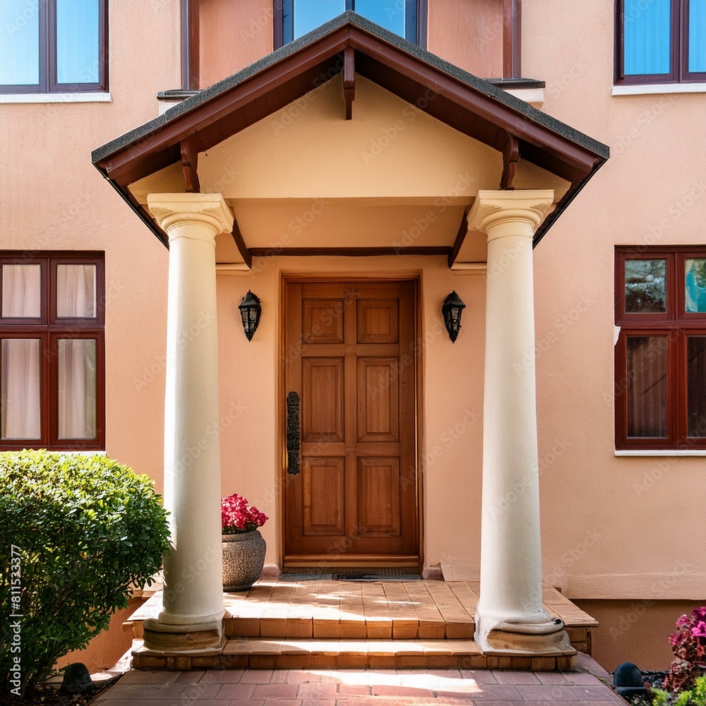 entrance to the house.a Georgian-style home cottage, focusing on the main entrance characterized by a wooden front door and a charming gabled porch with a landing. The addition of classic columns enha entrance to the house.a Georgian-style home cottage, focusing on the main entrance characterized by a wooden front door and a charming gabled porch with a landing. The addition of classic columns enha