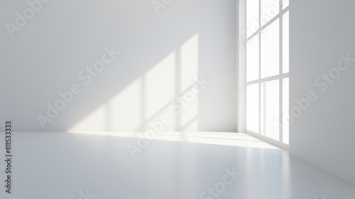 Empty minimalist room with large windows casting geometric shadows on white walls and floor in bright natural light.