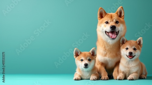 A happy Shiba Inu adult with two puppies against a vibrant teal background, showing joyful expressions and charming poses. photo