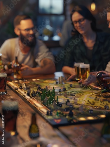 Friends Enjoying Strategy Board Game Over Drinks at Cozy Bar Gathering