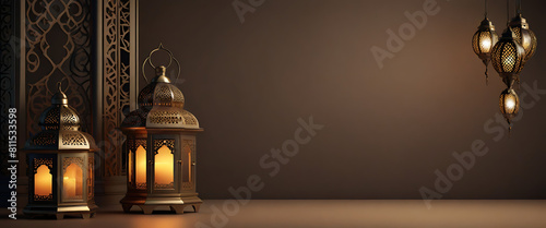 Eid Al Adha Lantern decoration background, glowing light, empty space. Ramadan Latern in the Night © MDSAYDUL