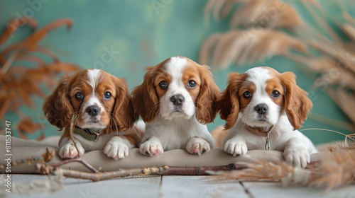 Three Cavalier King Charles Spaniel puppies pose on a fabric backdrop with natural elements, exuding calm and curiosity. photo