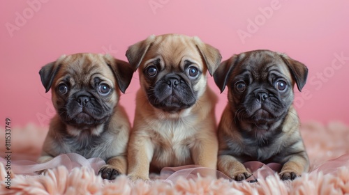 Adorable trio of pug puppies with expressive eyes and charming poses, set against a soft pink backdrop.