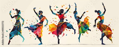 Stylized clipart featuring traditional Indian dancers engaged in patriotic performances