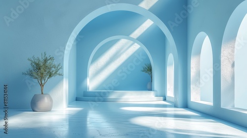  3D rendering of a blue room with arched openings on each side photo